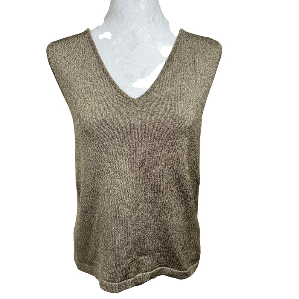 Linda Allard Ellen Tracy Gold Metallic Knit Sleeveless Sweater Tank Top Womens L